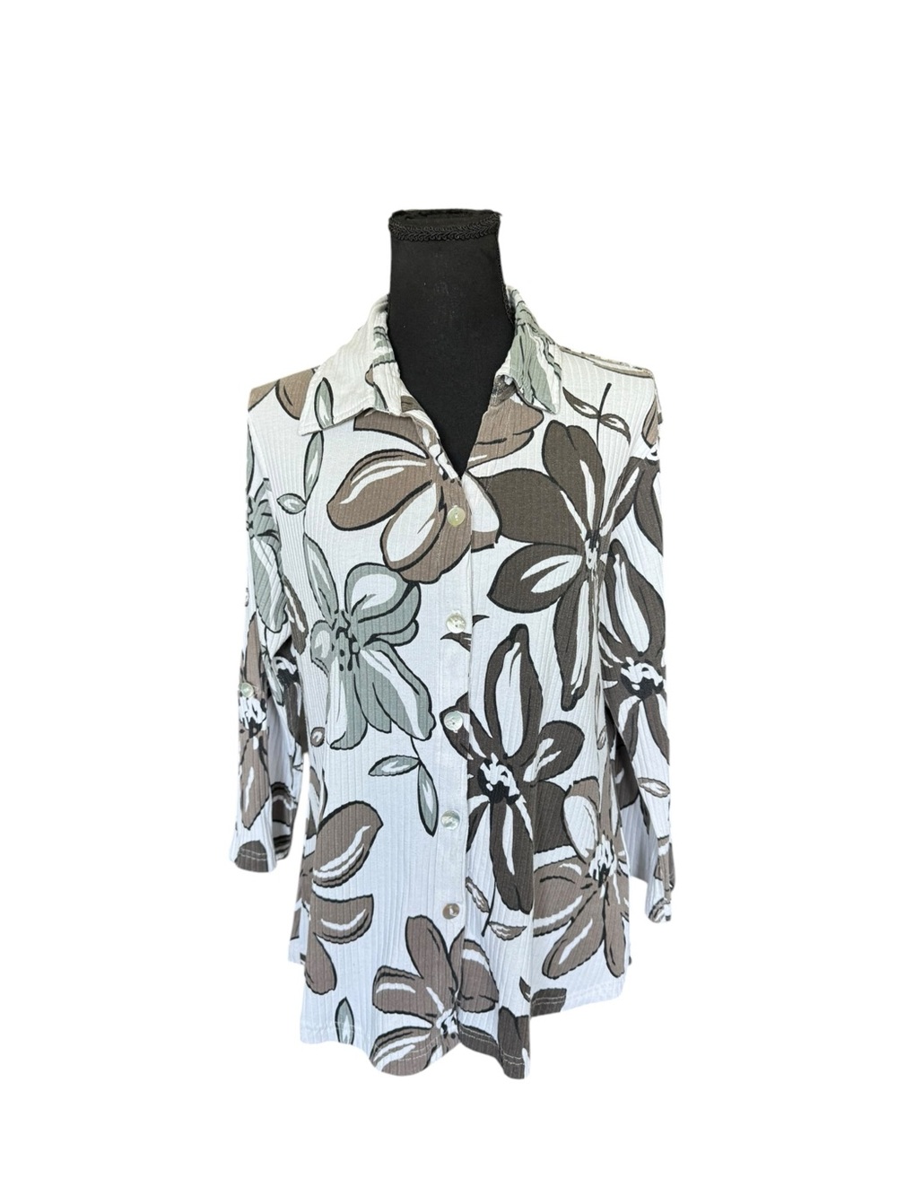 Parsley & Sage Floral Button Front Top M Textured Ribbed Boho Artsy Lagenlook